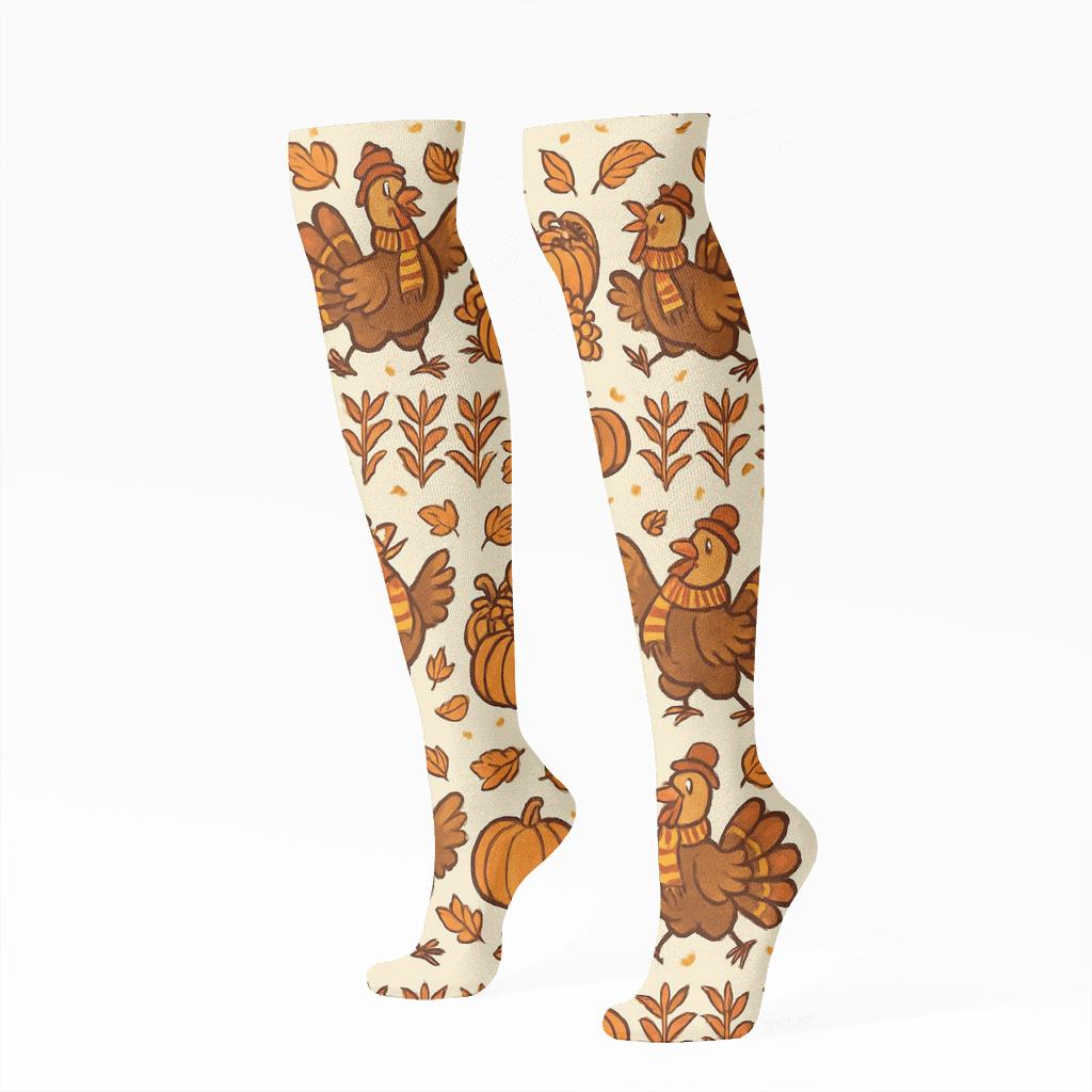 Harvest Band Pattern With Dancing Turkey Scenes comfortable cotton knee-high socks