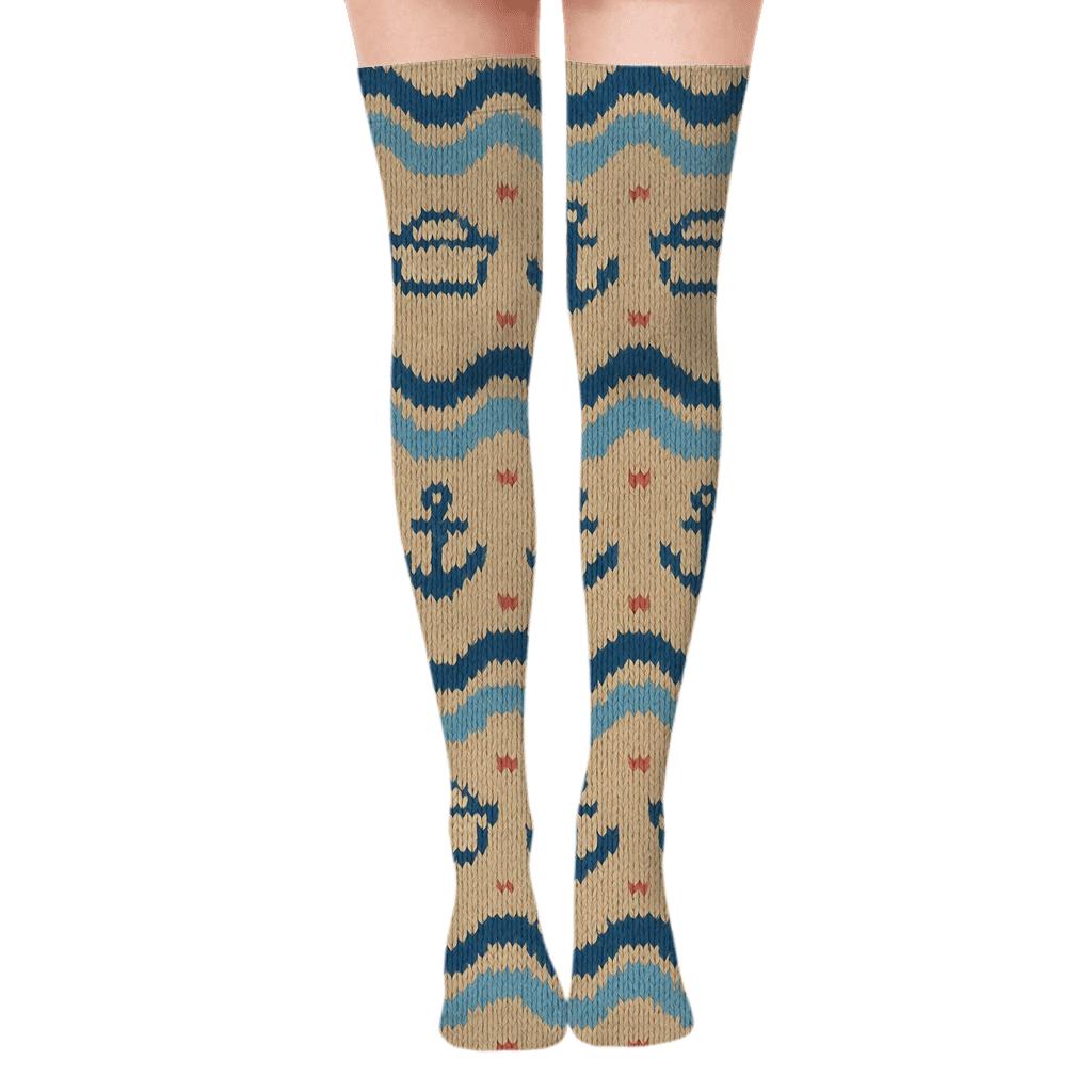 Sandy Beige Wave Bands Sailor Knit Illusion personalized over-the-knee socks