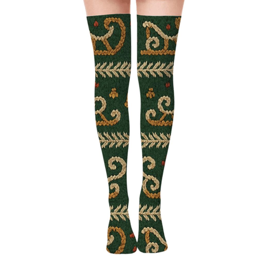 Knitted Illusion Pattern With Sleigh Runners And Holly Bands premium cozy over-the-knee socks