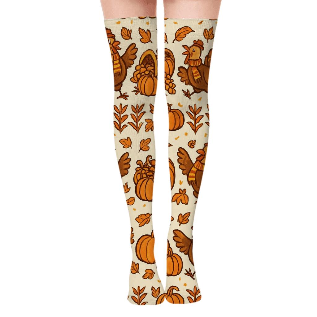 Harvest Band Pattern With Dancing Turkey Scenes unique graphic over-the-knee socks