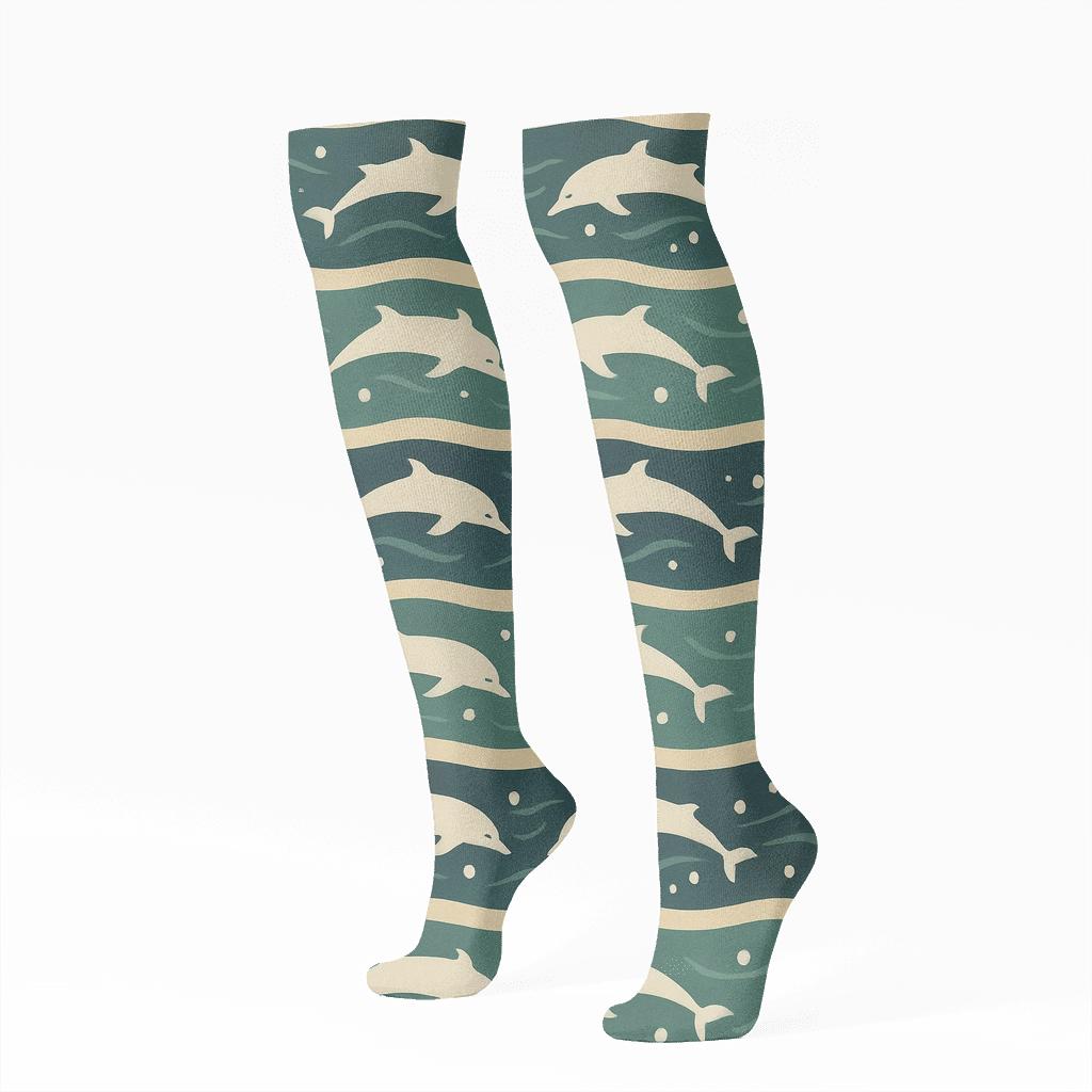 Nautical Current Bands With Dolphin Silhouettes unique graphic knee-high socks