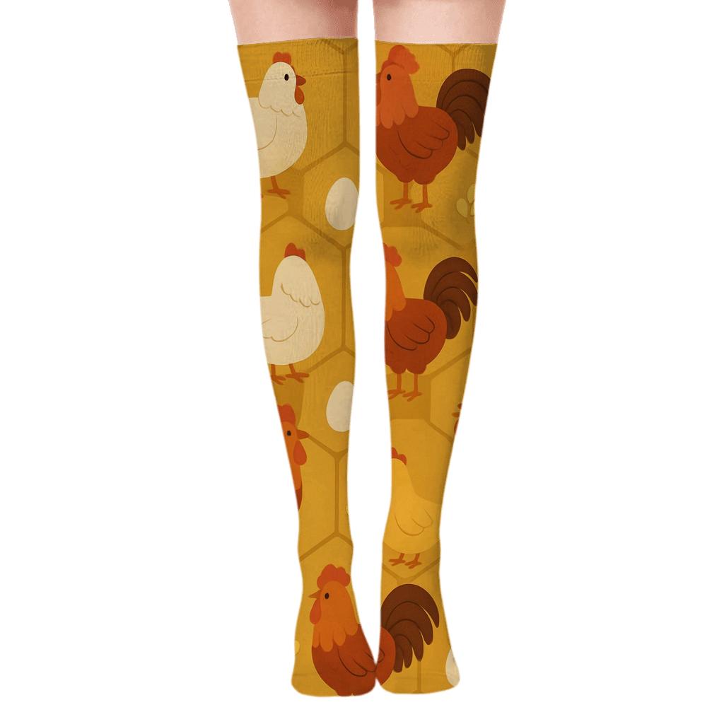 Honeycomb Chicken Parade On Mustard Field premium cozy over-the-knee socks