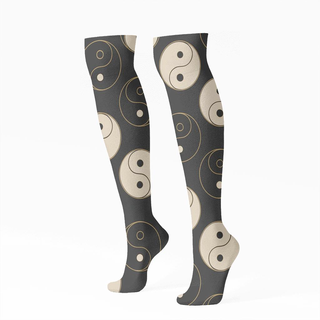 Gold Ink Taijitu Lattice On Charcoal unique graphic knee-high socks