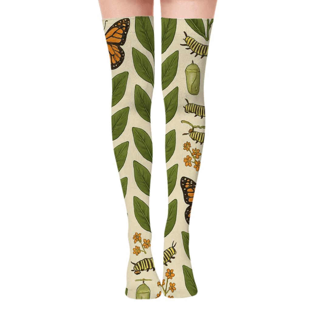 Monarch Chrysalis Stripe Parade On Warm Ivory Background trendy patterned over-the-knee socks