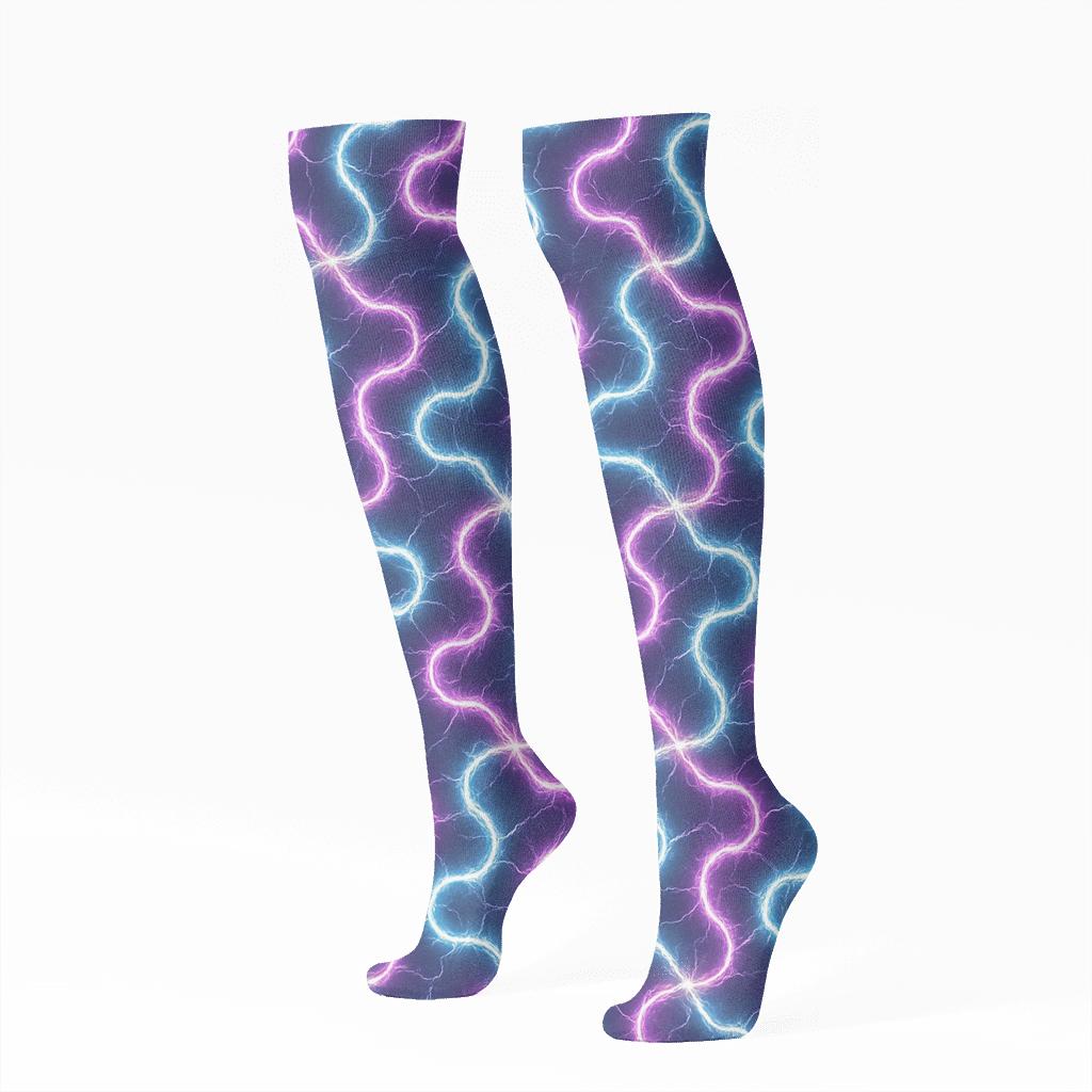 Neon Arc Lattice On Deep Indigo Field soft everyday knee-high socks