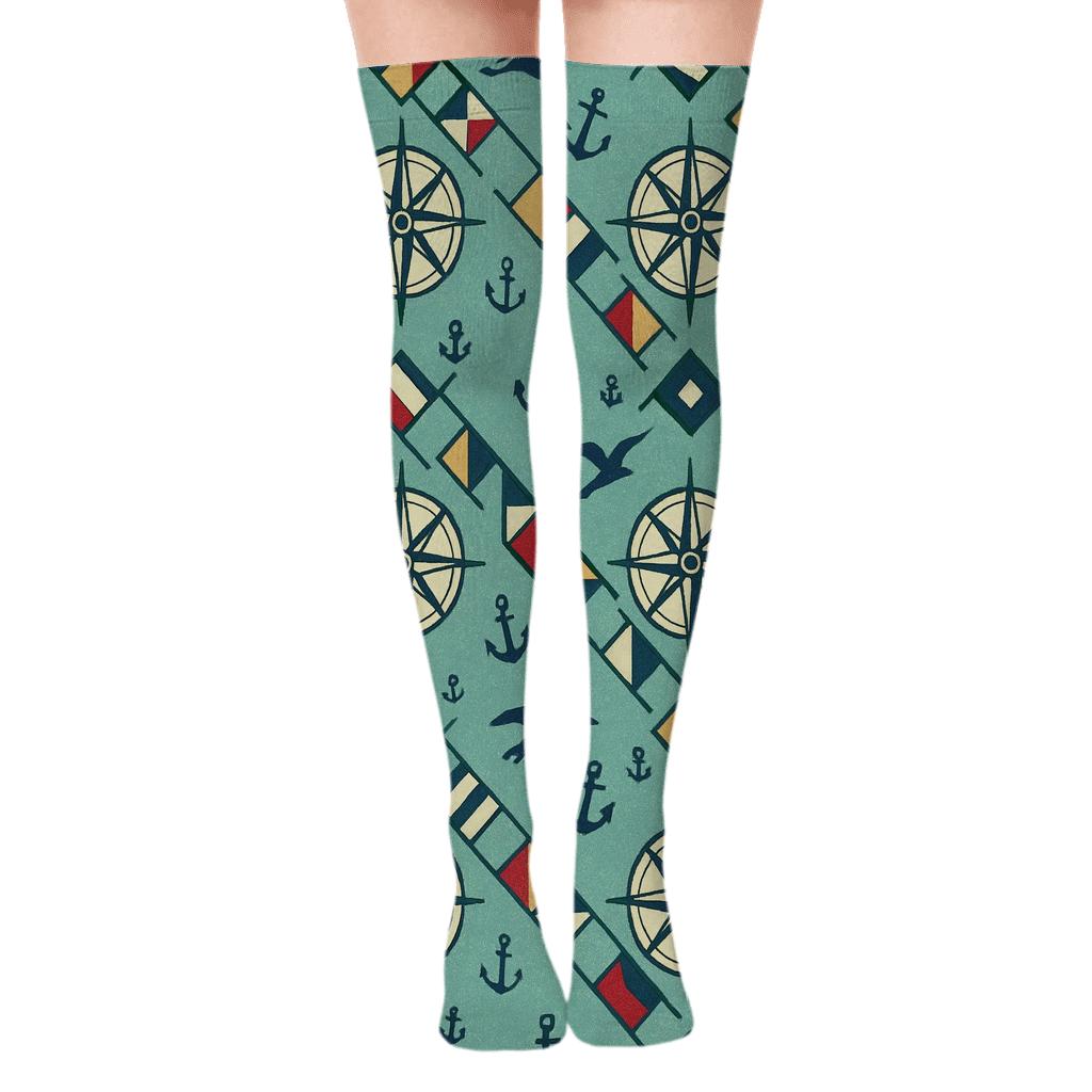 Ship Captain Compass Lattice Regatta Print designer print over-the-knee socks