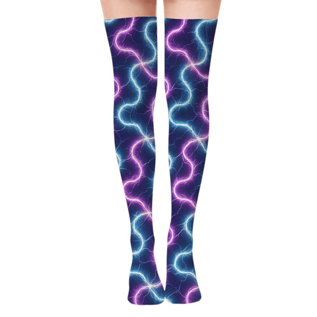 Neon Arc Lattice On Deep Indigo Field personalized over-the-knee socks