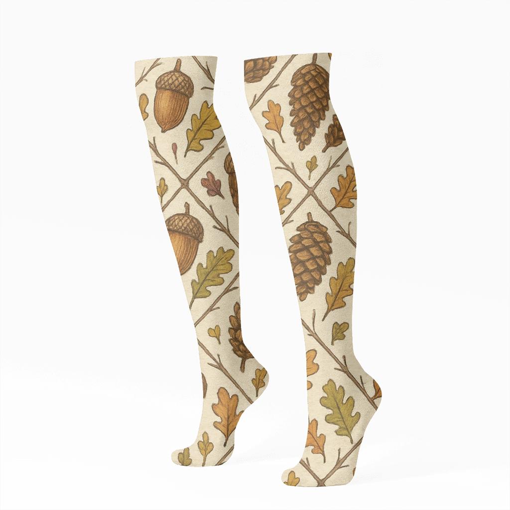 Rustic Acorn And Pinecone Lattice On Creamy Beige Background custom knee-high socks
