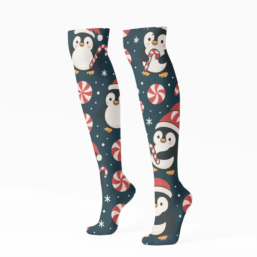 Peppermint Penguin Parade Stripe On Midnight Navy Background trendy patterned knee-high socks