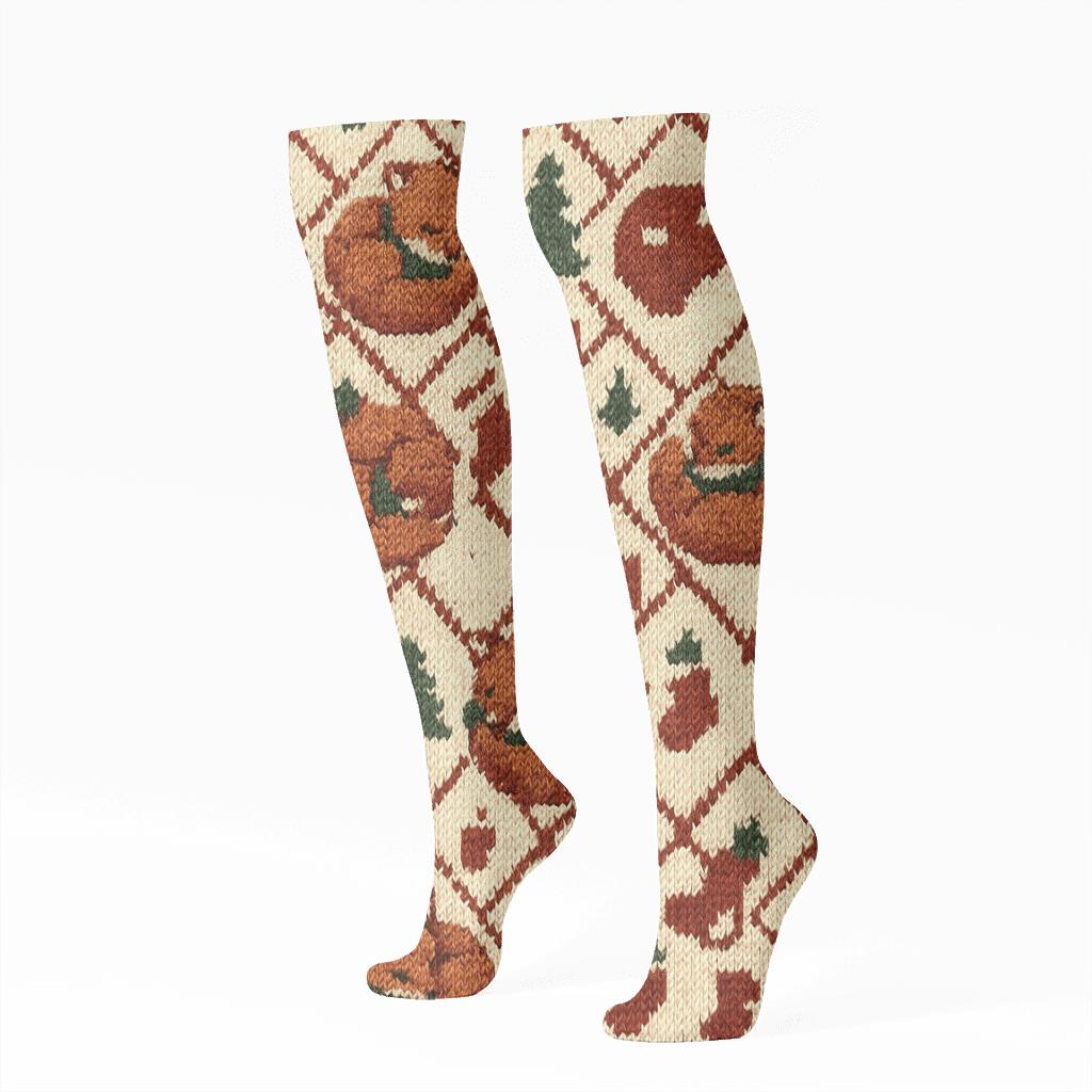 Cozy Knitted Fox Fair Isle Lattice On Cream Background soft everyday knee-high socks