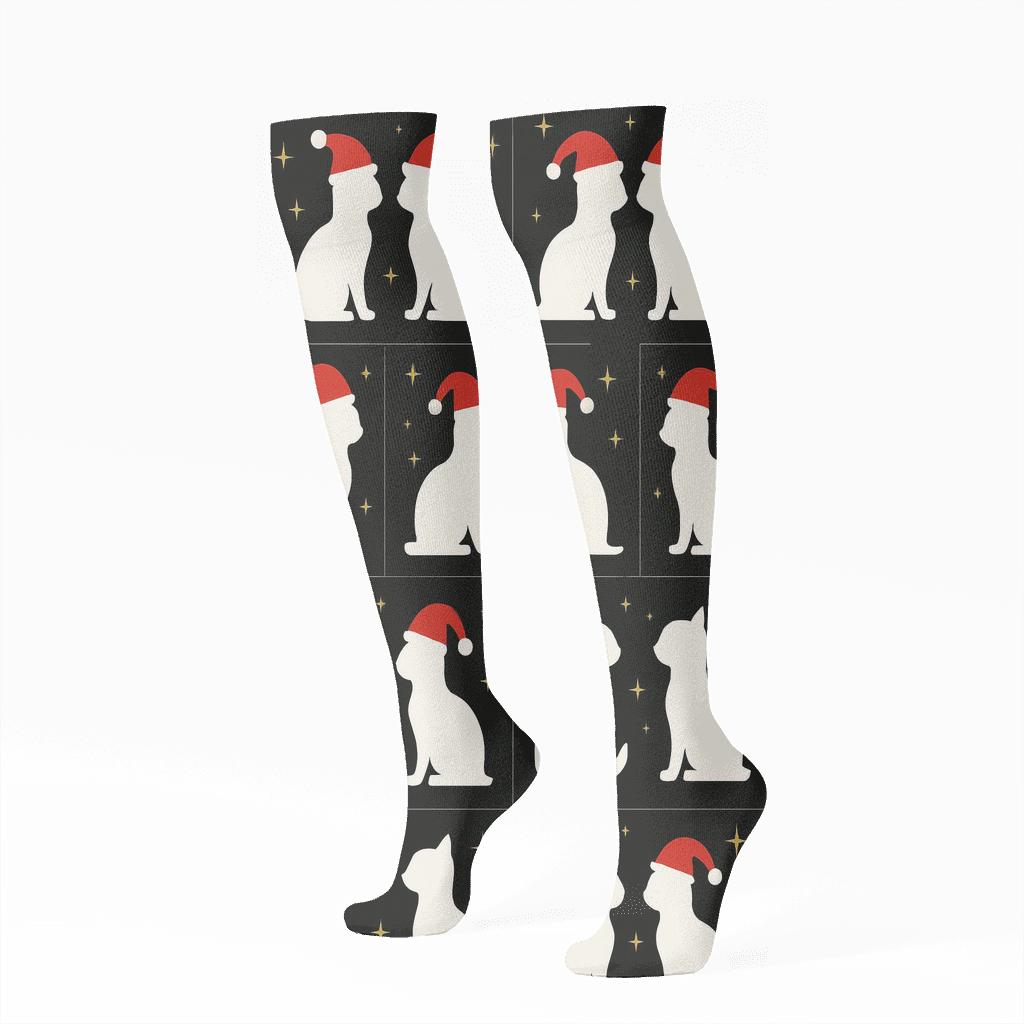 Santa Hat Cat Mirrored Pair Tiles On Black Background custom knee-high socks