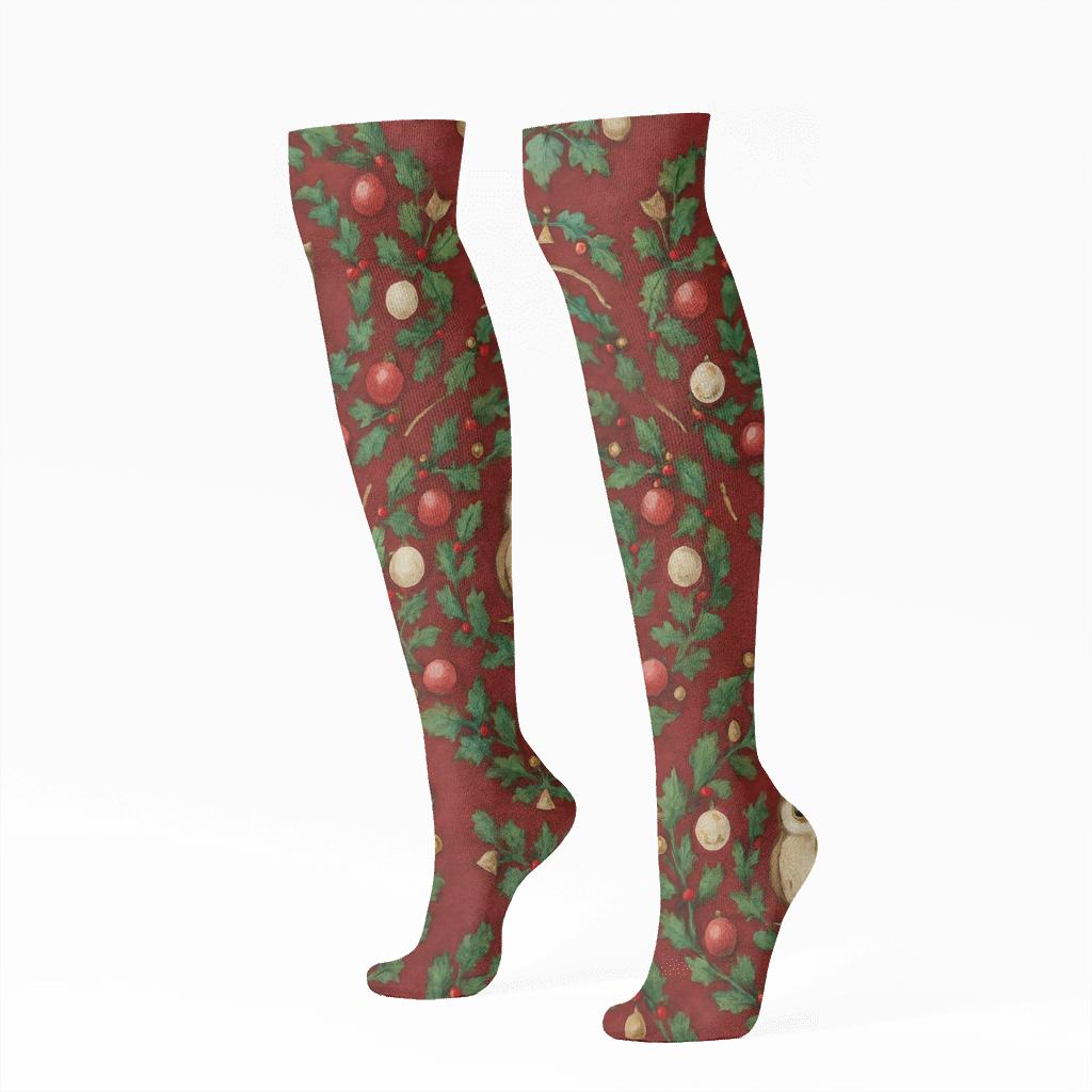 Ornament Owl Concentric Medallions On Deep Red Background unique graphic knee-high socks