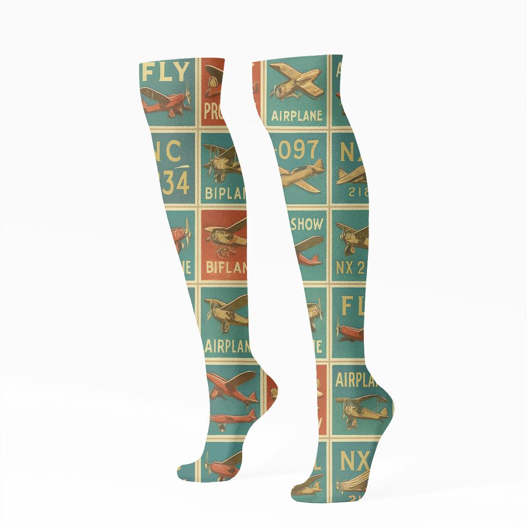 Vintage Aircraft Airplane Poster Patchwork premium sports knee-high socks