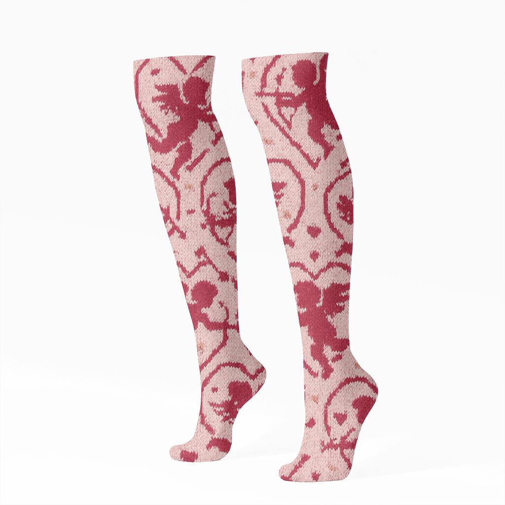 Valentines Cupid Silhouette Knit Illusion Heart Lattice stylish athletic knee-high socks