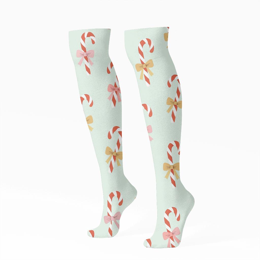 Minimalist Mint Field With Ribbon Candy Canes Scatter comfortable cotton knee-high socks