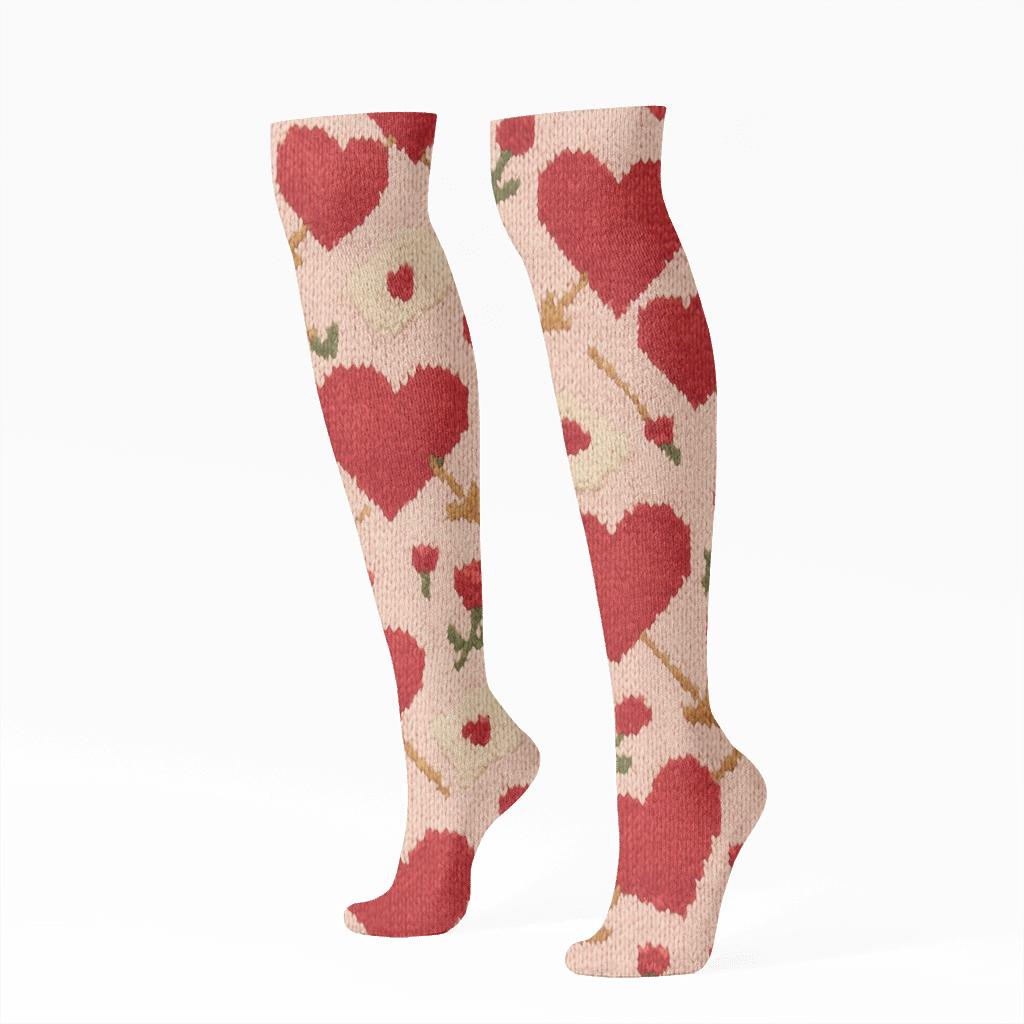 Knitted Candy Hearts And Valentines Heart With Arrow Lattice unique graphic knee-high socks