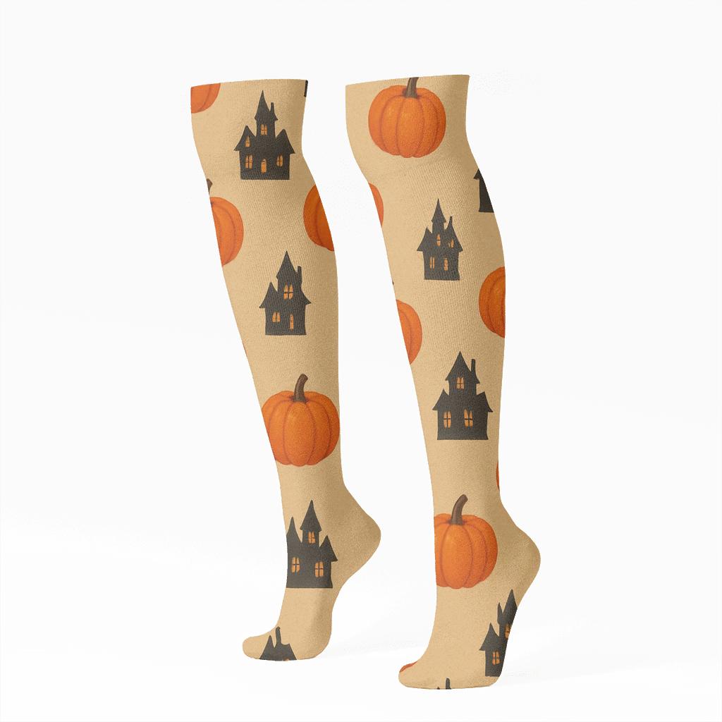 Haunted House Silhouette And Pumpkin Scatter On Proper Neutral Background trendy patterned knee-high socks
