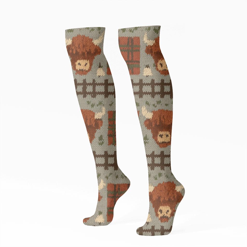 Knitted Stripe Highland Cow Patchwork Bands custom knee-high socks
