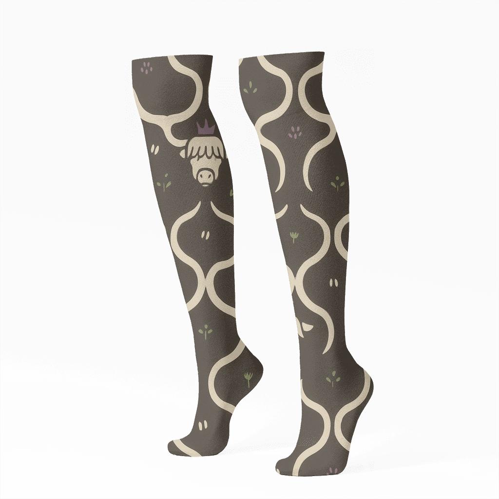 Tessellated Thistle Frame With Highland Cow designer print knee-high socks