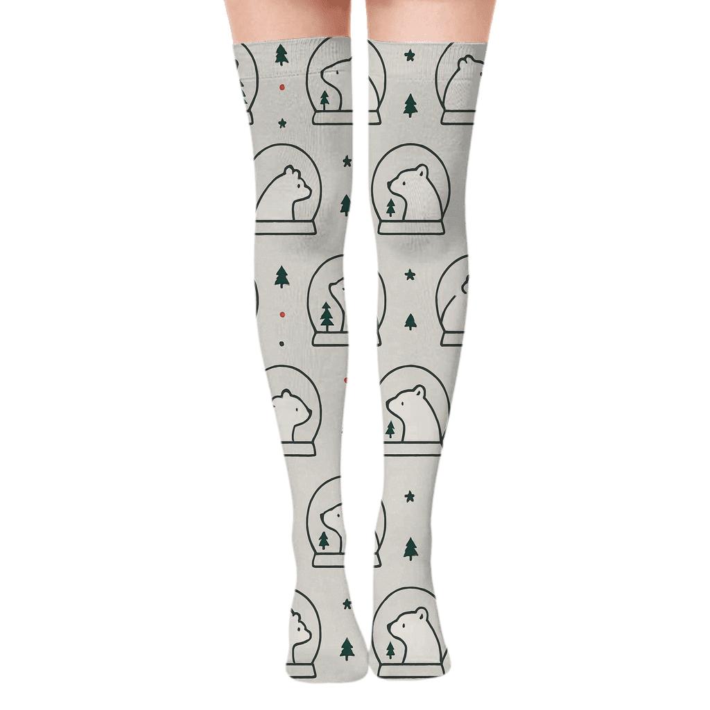 Minimal Polar Bear Snow Globe Dot Matrix On Light Gray Background unique graphic over-the-knee socks