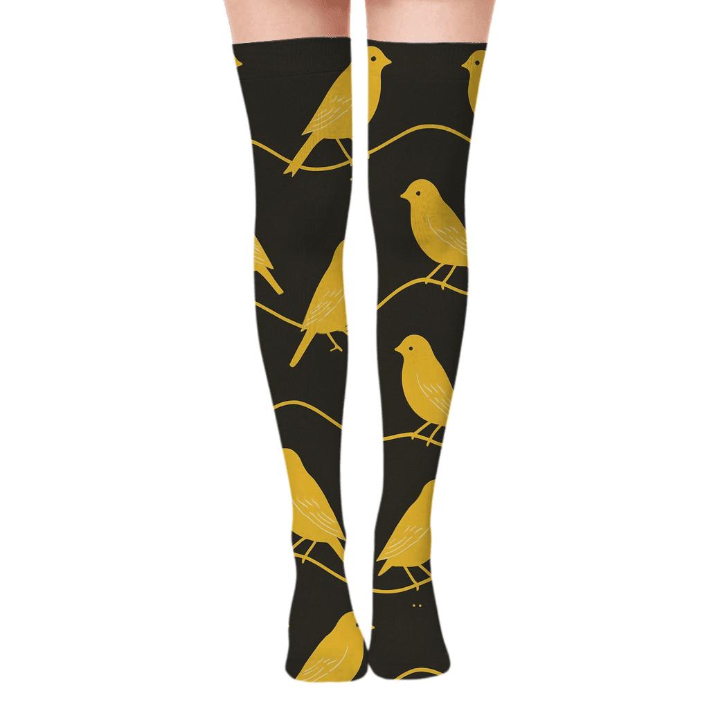 Golden Canary Perch Wave On Charcoal Background premium cozy over-the-knee socks
