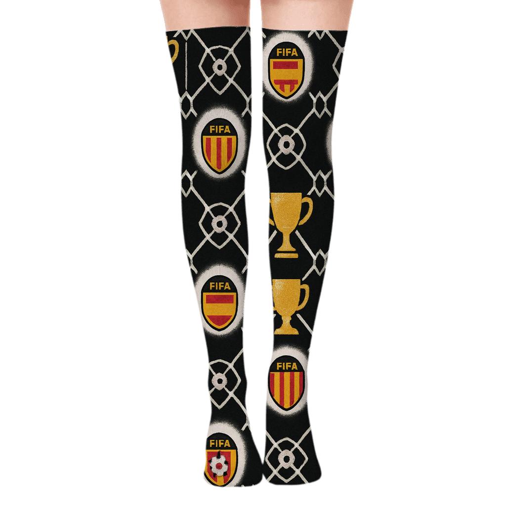Goal Net And Trophy Rhythm, Fifa Spain Edition designer print over-the-knee socks