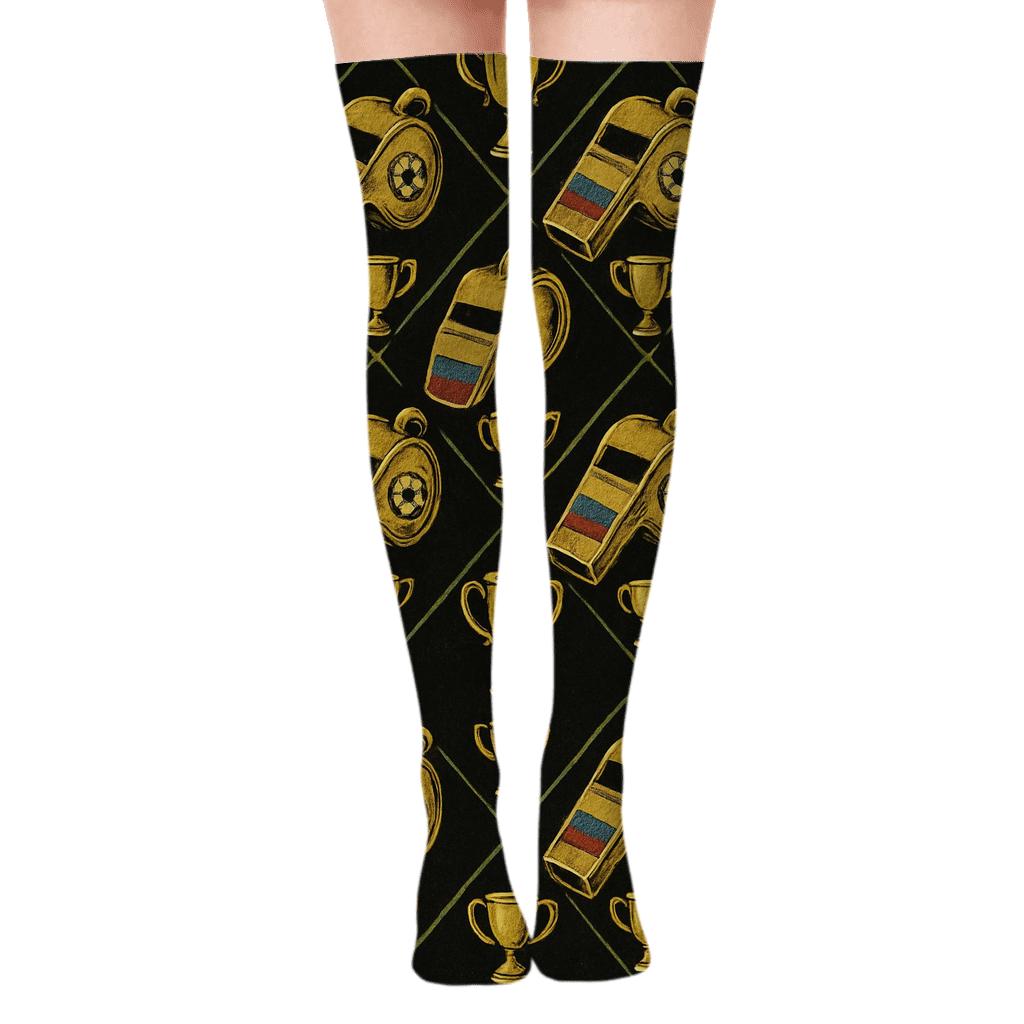 Vintage Poster Look Whistle Lattice Fifa Ecuador designer print over-the-knee socks