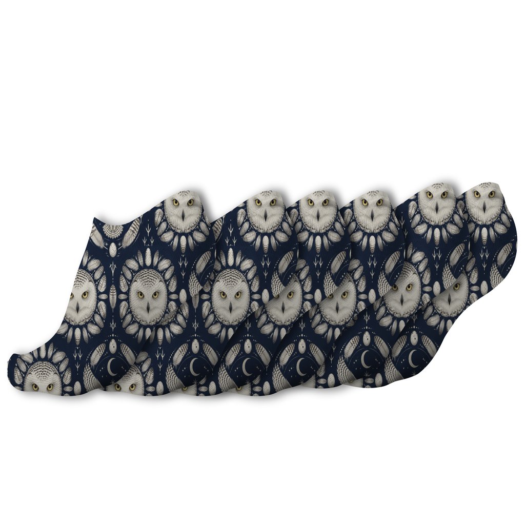 Snowy Owl Moon Feather Medallions On Navy Background soft everyday ankle socks [AI-64e1cd4a-9b515dc9ced5]