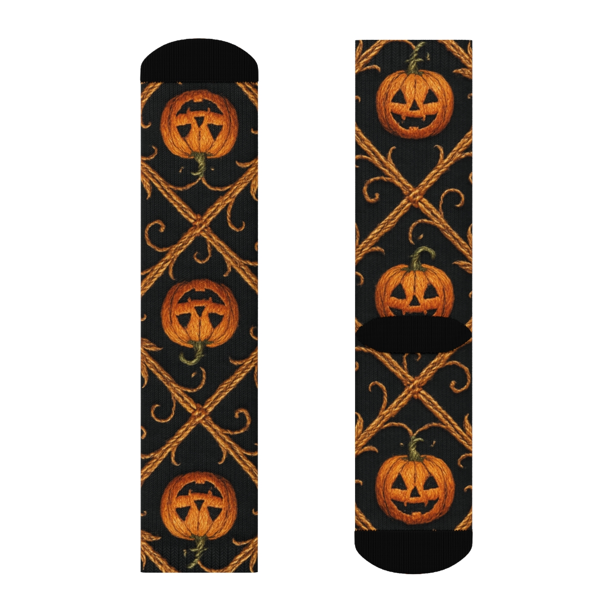 Pumpkin Vine Lattice On Black Background premium sports crew socks