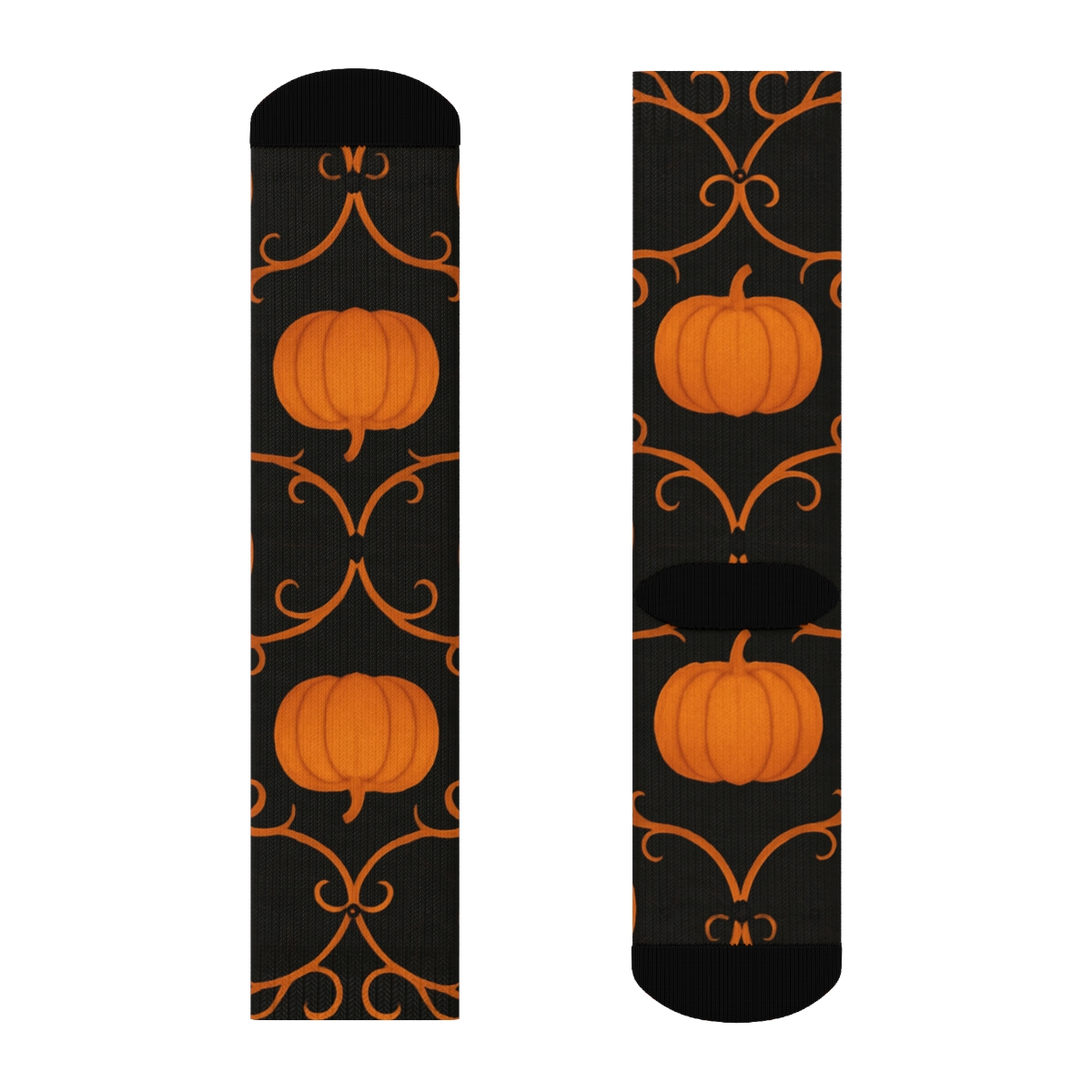 Pumpkin Vine Lattice With Tiny Spiders On Black Background designer printed crew socks
