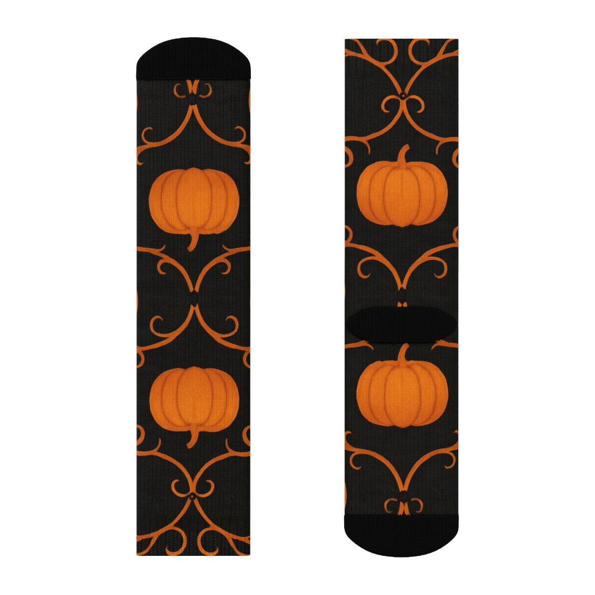 Pumpkin Vine Lattice With Tiny Spiders On Black Background designer printed crew socks