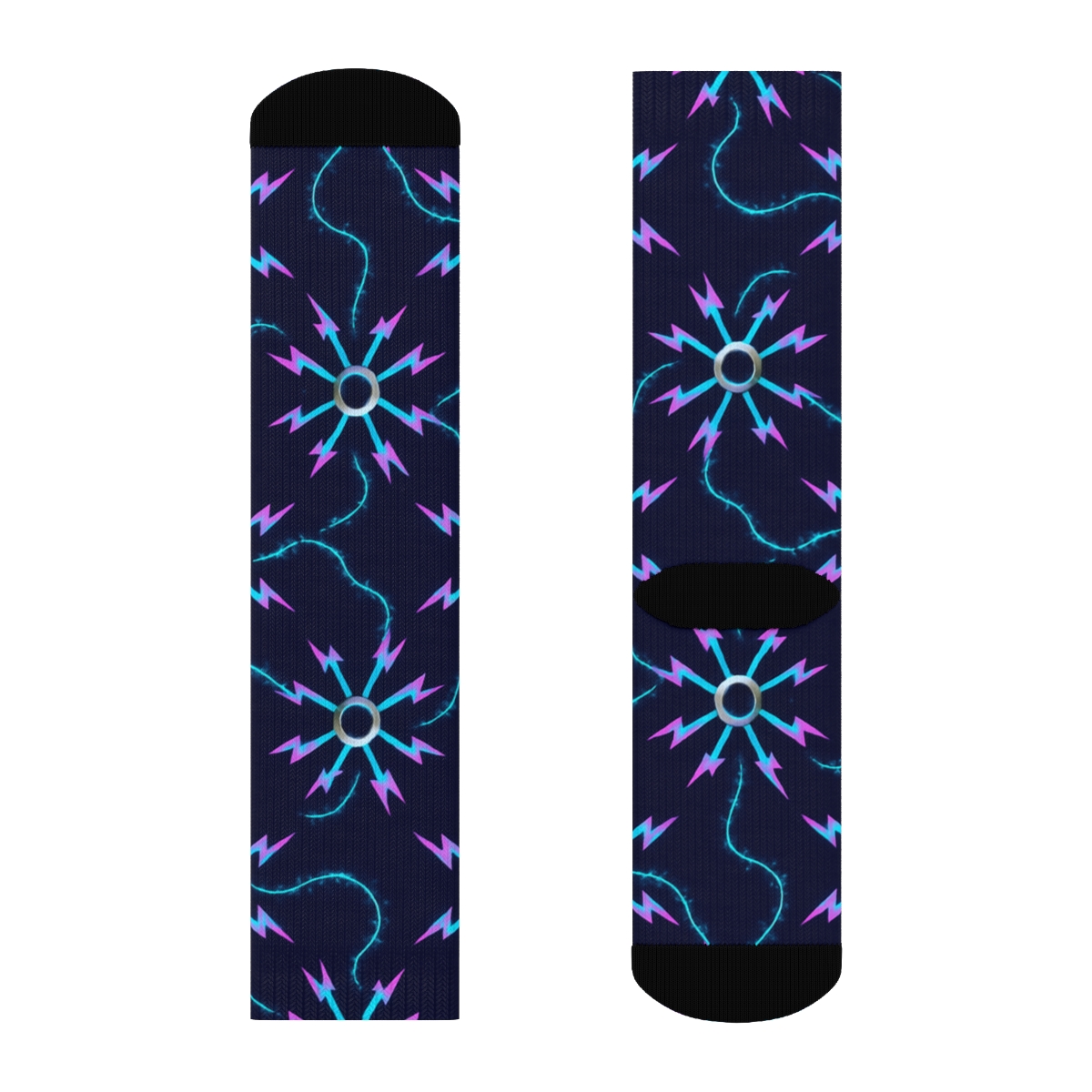 Radial Neon Arc Burst Grid On Deep Indigo Field custom crew socks