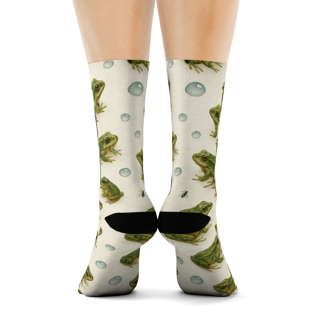 Rain Kissed Frog Scatter On Ivory trendy patterned crew socks