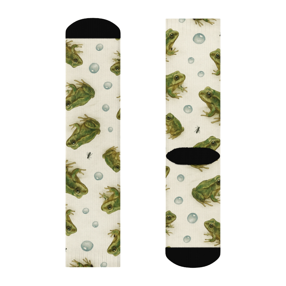Rain Kissed Frog Scatter On Ivory trendy patterned crew socks
