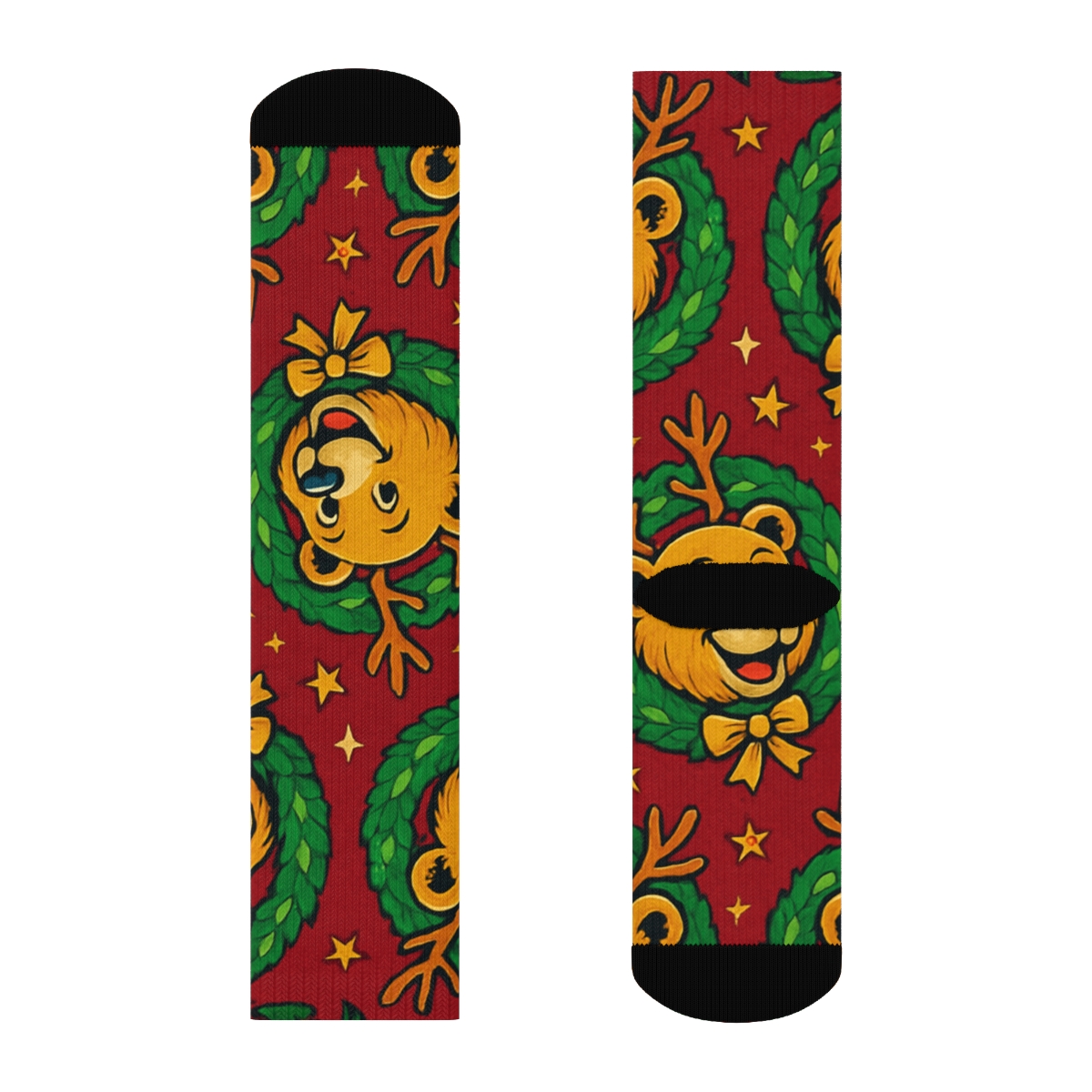 Reindeer Bear Wreath Medallion Repeat On Cranberry Red Background comfortable cotton crew socks