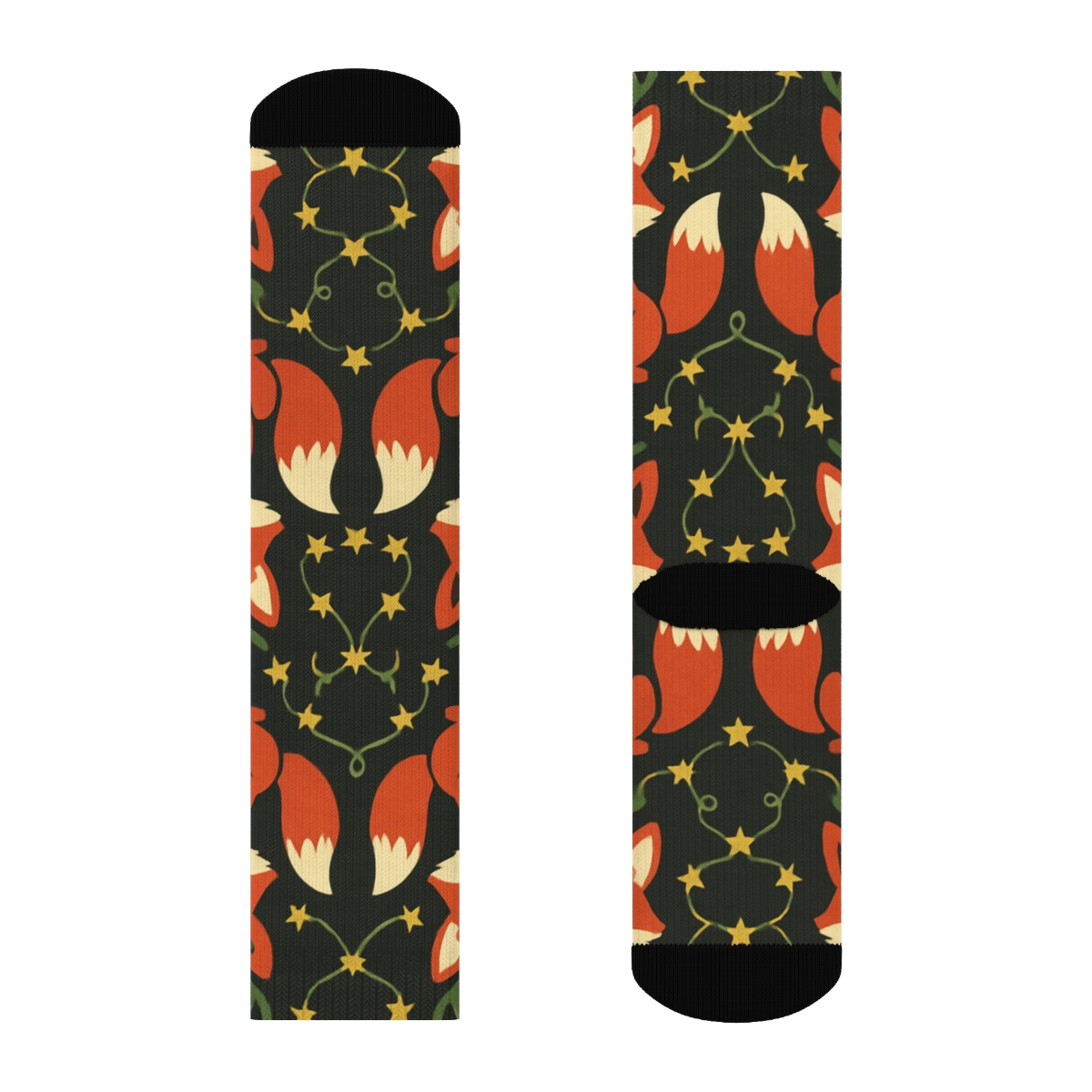 Reindeer Foxes Star Garland Grid On Charcoal Black Background soft everyday crew socks