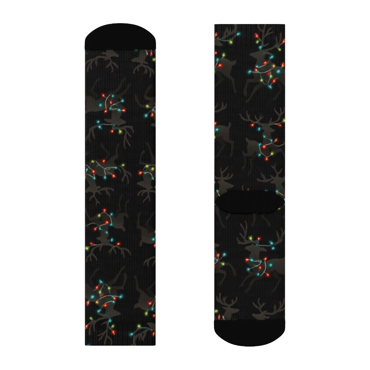 Reindeer Light Scatter On Black soft everyday crew socks