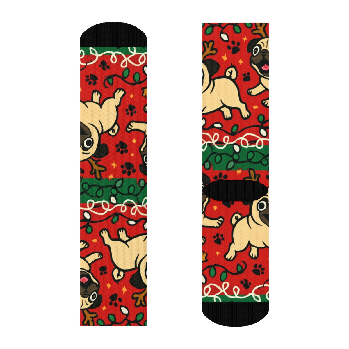 Reindeer Pug Light Tangle Stripe stylish athletic crew socks