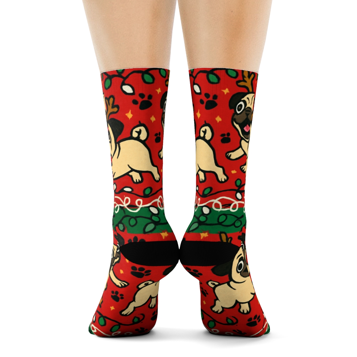 Reindeer Pug Light Tangle Stripe stylish athletic crew socks