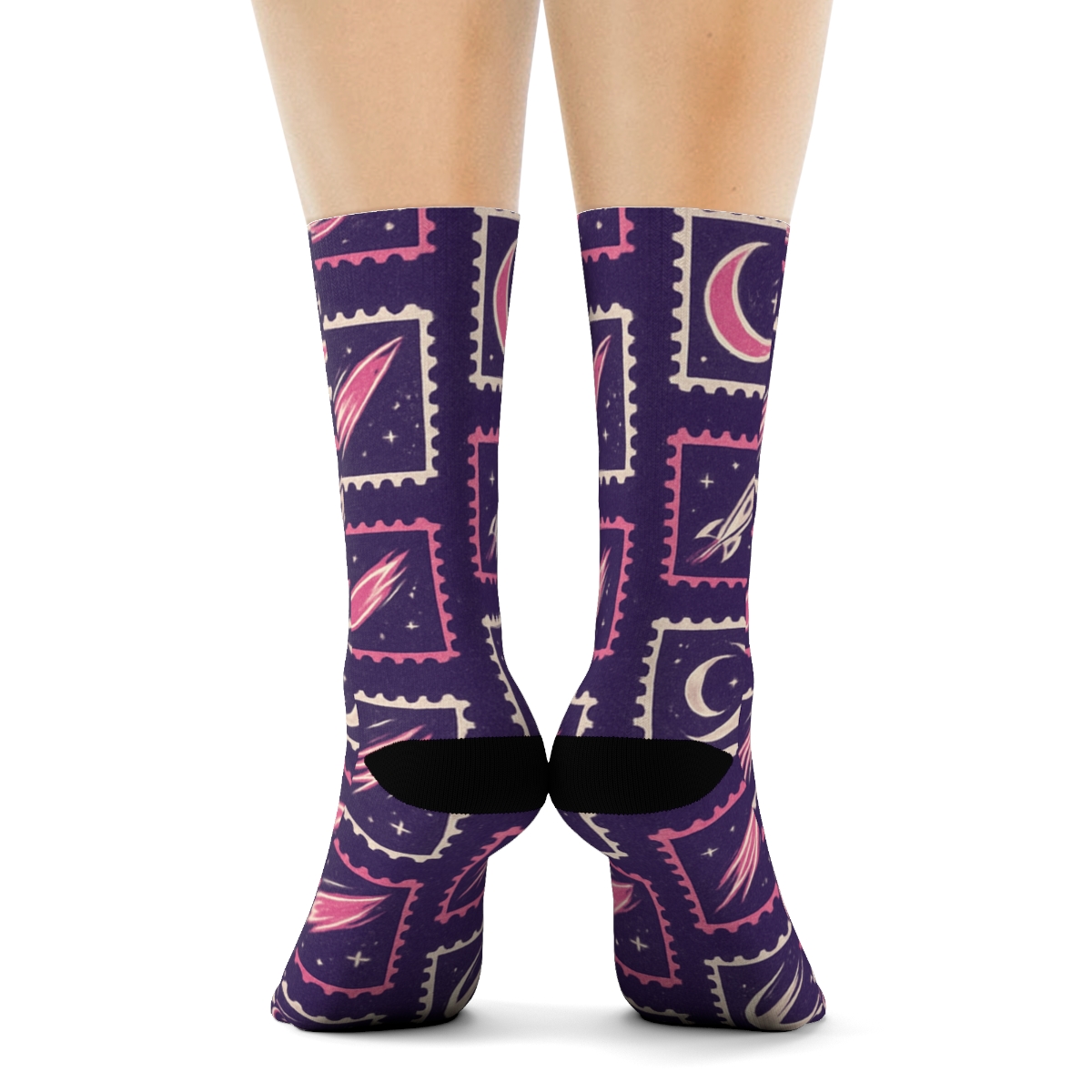Retro Nebula Stamp Grid On Cosmic Purple Background custom crew socks