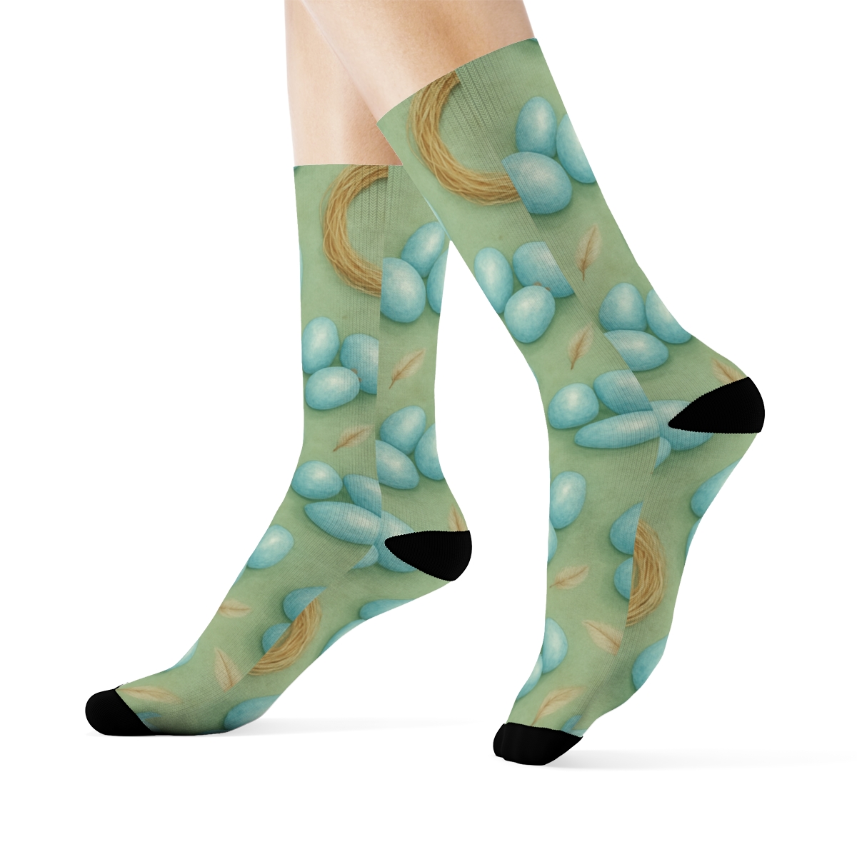 Robin Egg Scatter And Nest Ring Repeat On Soft Sage Green Background premium sports crew socks