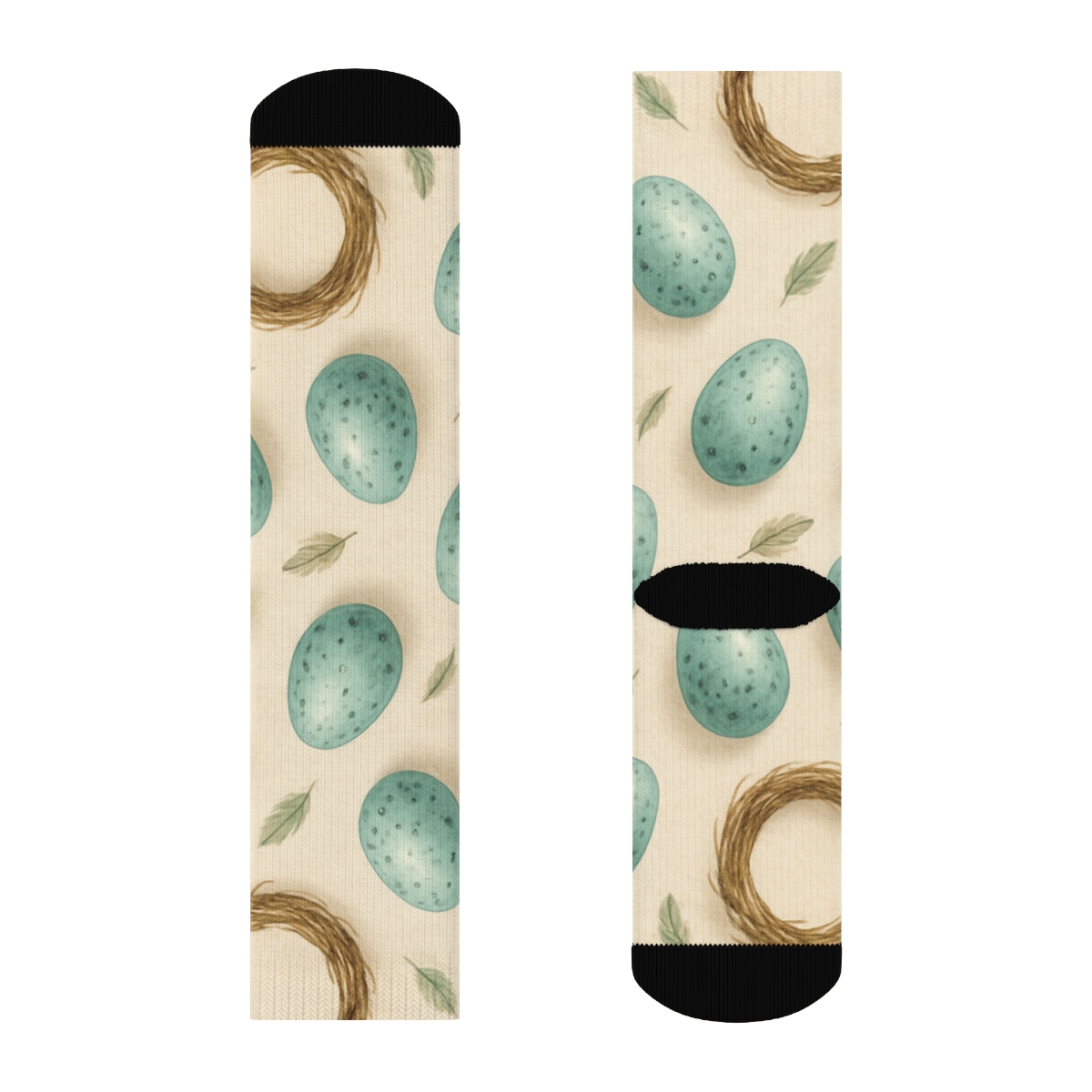 Robin Egg Scatter And Nest Weave On Warm Beige Background trendy patterned crew socks
