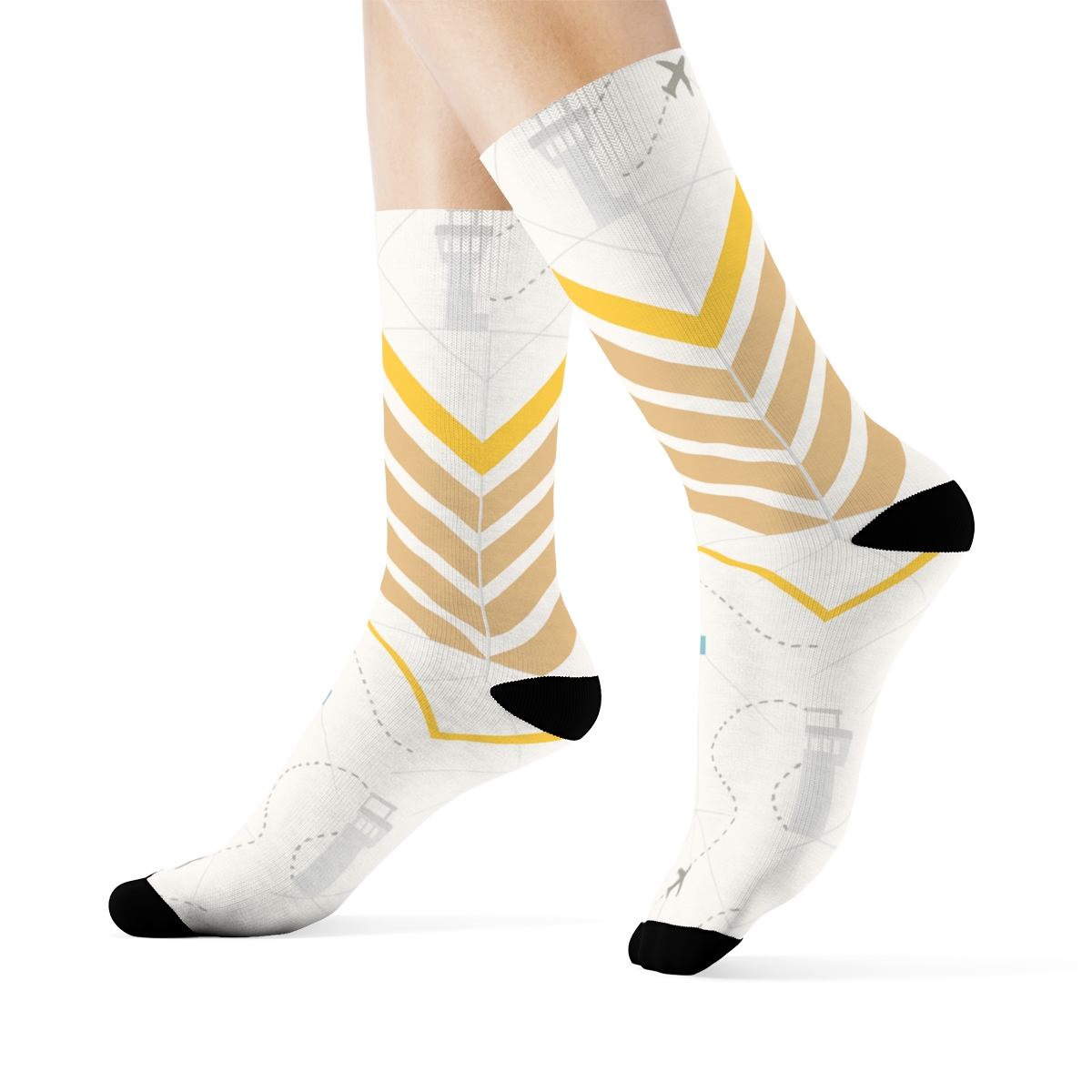 Runway Chevrons And Control Towers With Air Traffic Controller Motifs trendy patterned crew socks
