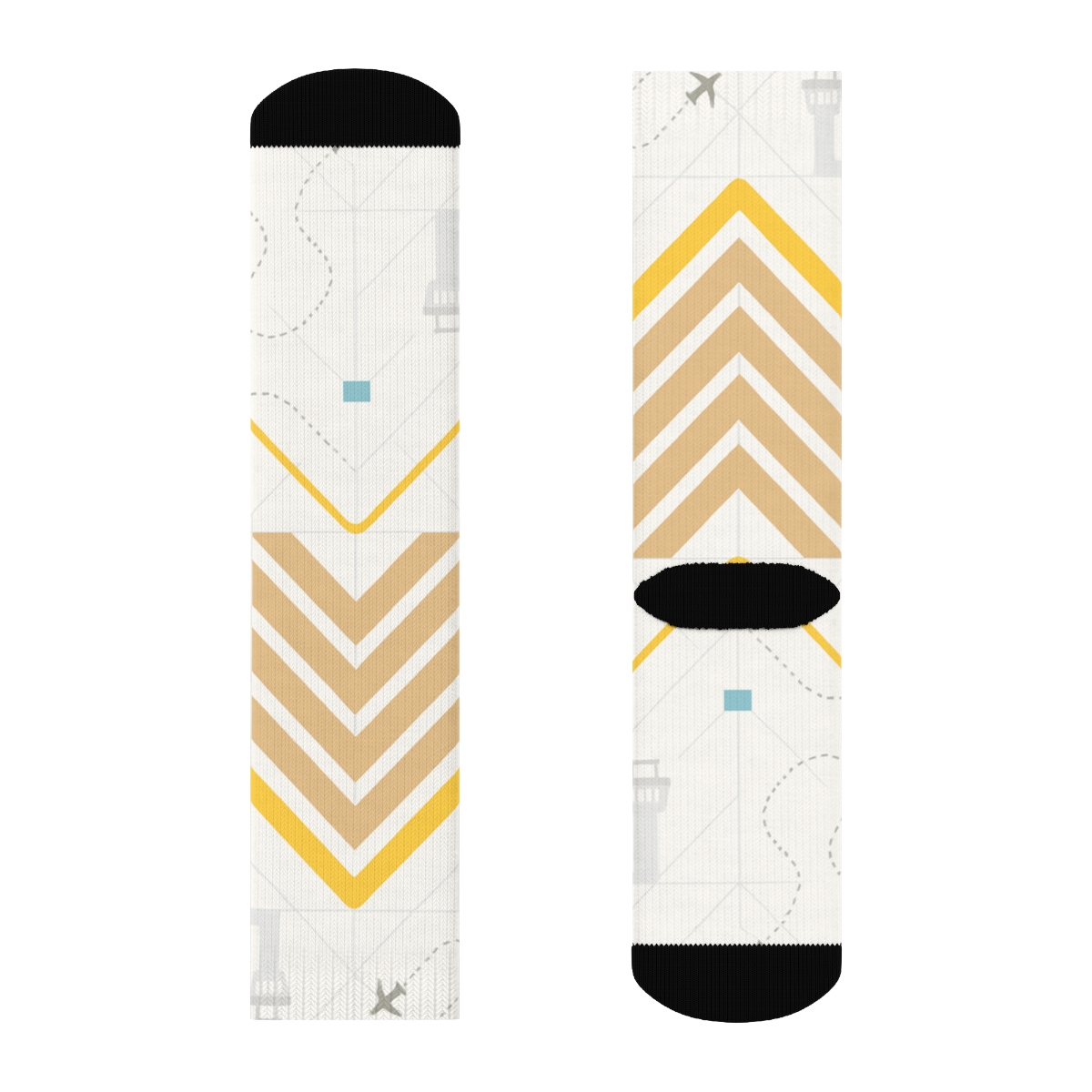 Runway Chevrons And Control Towers With Air Traffic Controller Motifs trendy patterned crew socks