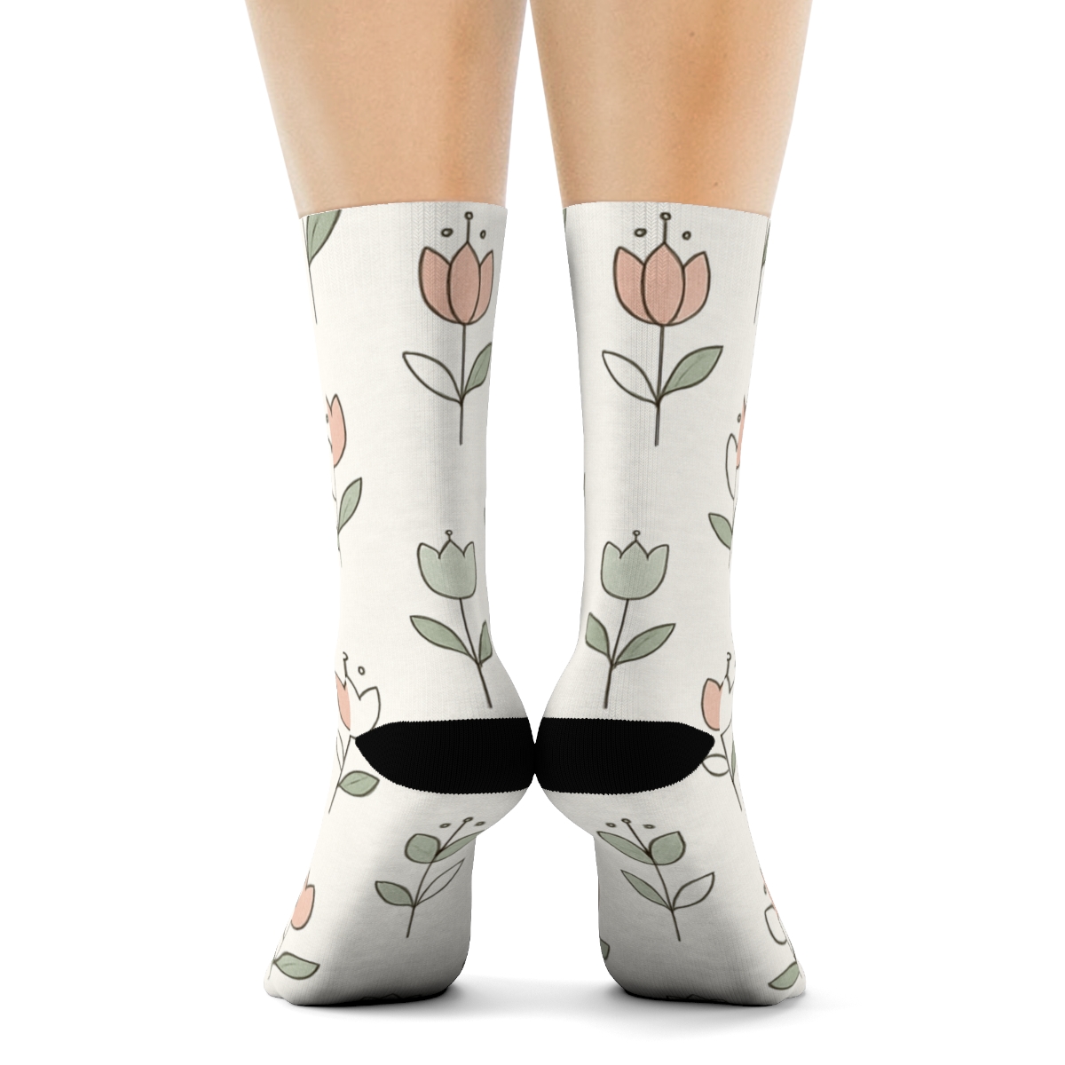 Sage Tulip Grid On Ivory Background soft everyday crew socks