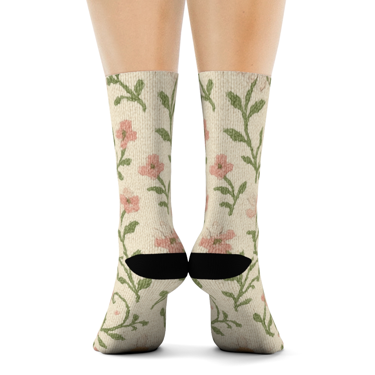 Sage Wildflower Knit Illusion Scatter On Warm Ivory Background unique graphic crew socks
