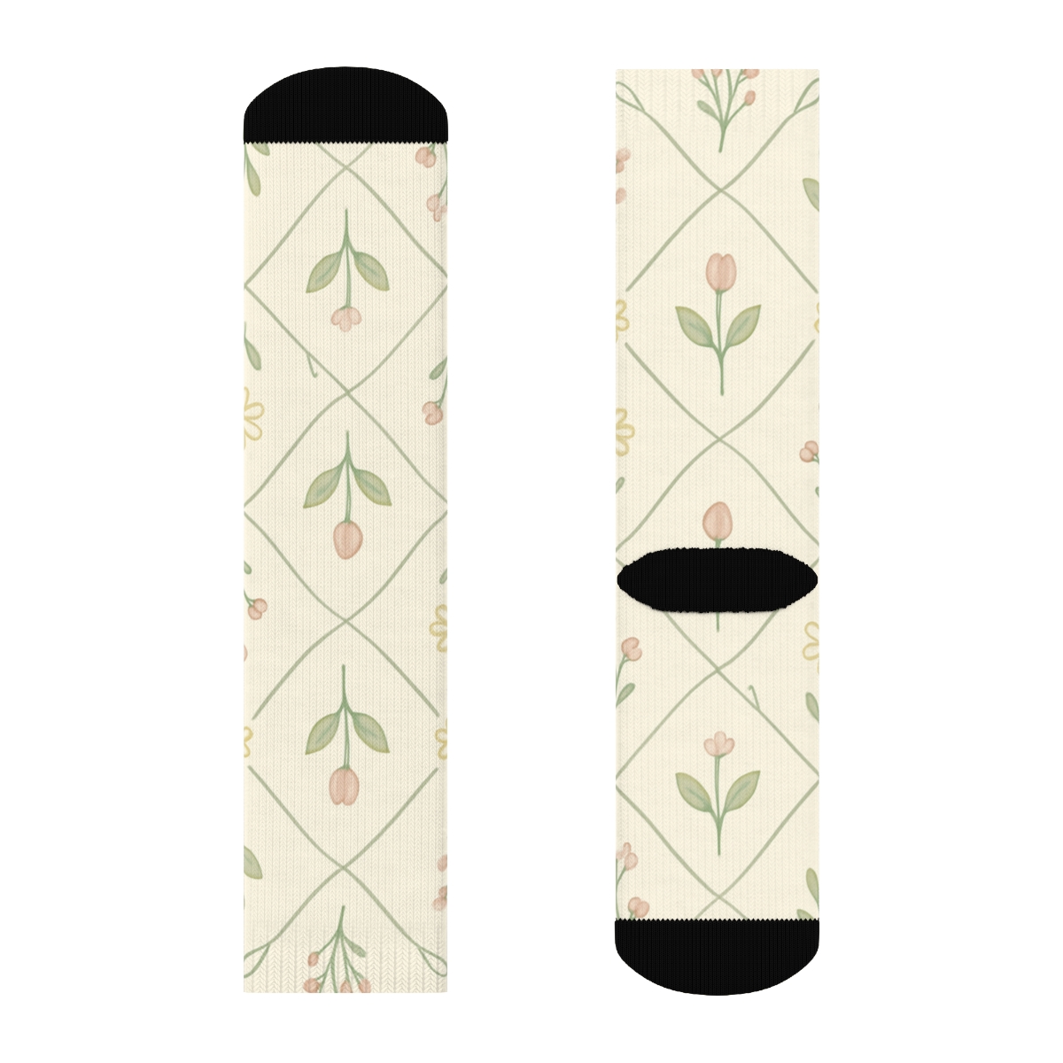 Sage Wildflower Lattice On Warm Ivory Background custom crew socks