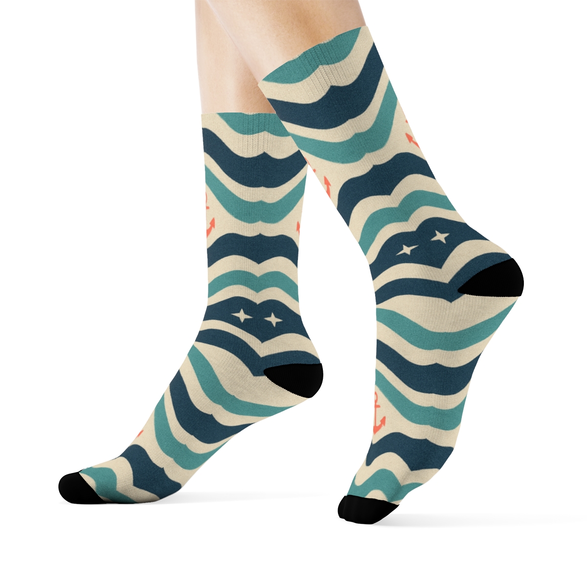 Sailor Wave Chevron Bands On Sandy Beige personalized crew socks