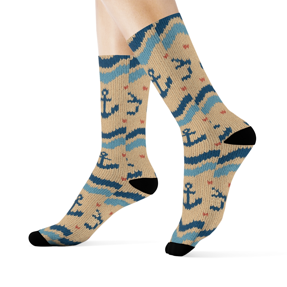 Sandy Beige Wave Bands Sailor Knit Illusion unique graphic crew socks