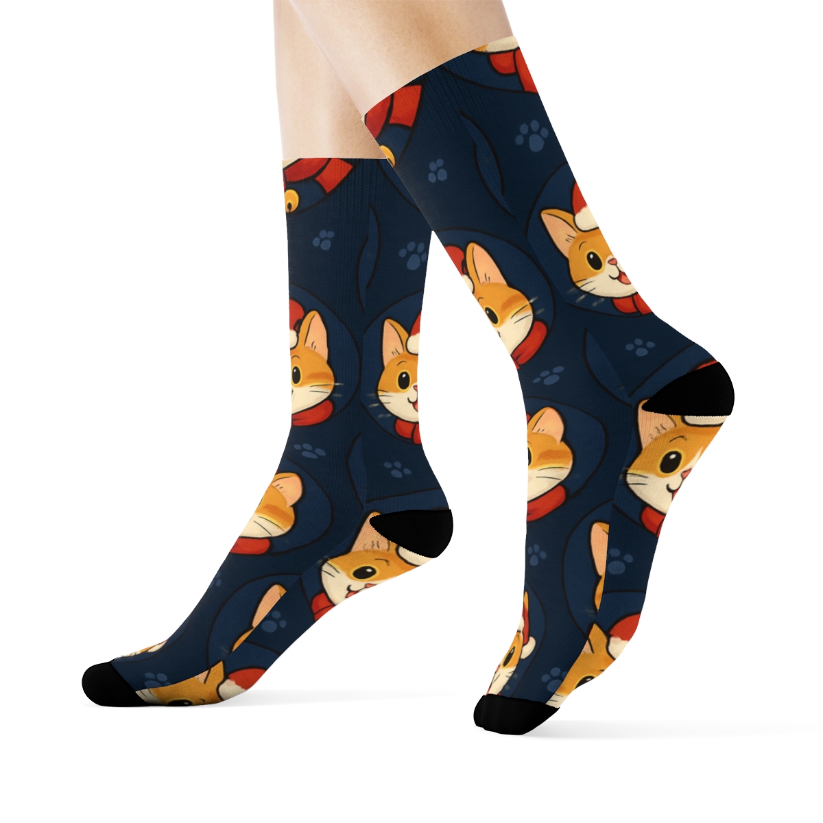 Santa Cat Diagonal Array On Navy Blue Background unique graphic crew socks